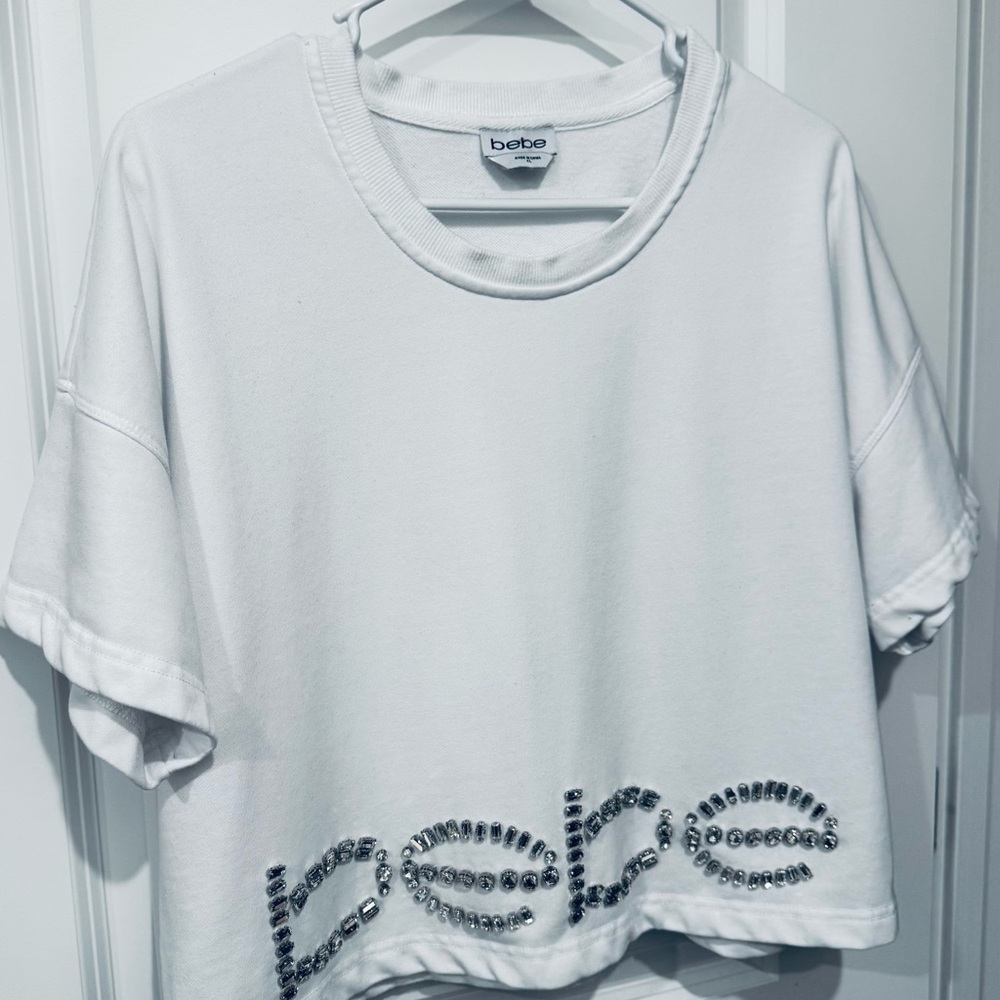 Bebe White Rhinestone Logo Cropped Tee